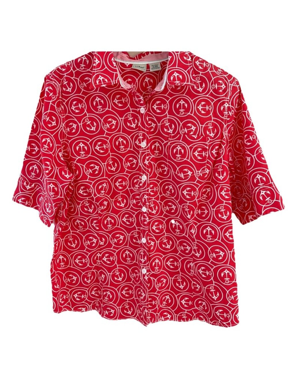 LL Bean Button Front Shirt Women's Size XL Red Anchor Print Stretch Nautical